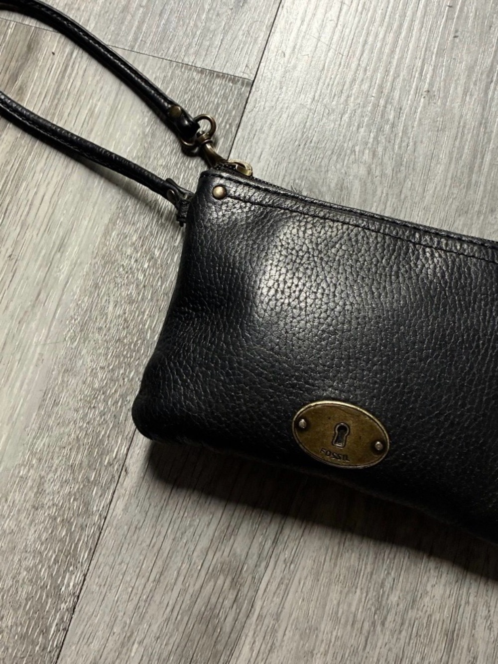 Fossil Black Pebbled Leather Crossbody Wristlet with Brass Accent